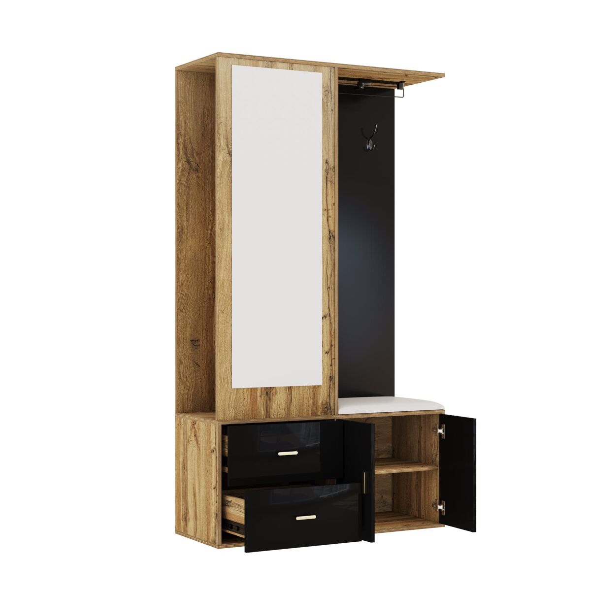 Conjunto de armário - 5 ganchos - espelho, sapateira, banco e cabides extensíveis - preto + natural