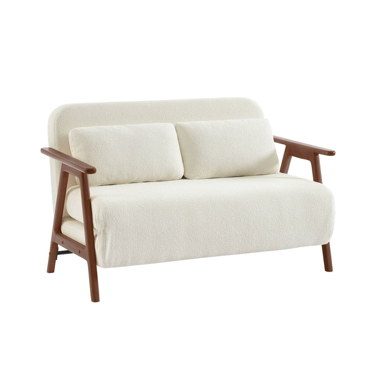 Banco sofá conversível em madeira  e boucle texturizado, 2 lugares , sven, blanc, 133x81x84 cm