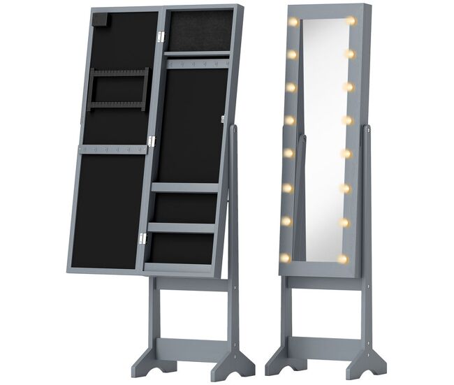 Homcom espelho joalheiro com luzes led armário para joias joalheiro de pé com espelho completo ângulo ajustável com prateleiras ranuras para anéis