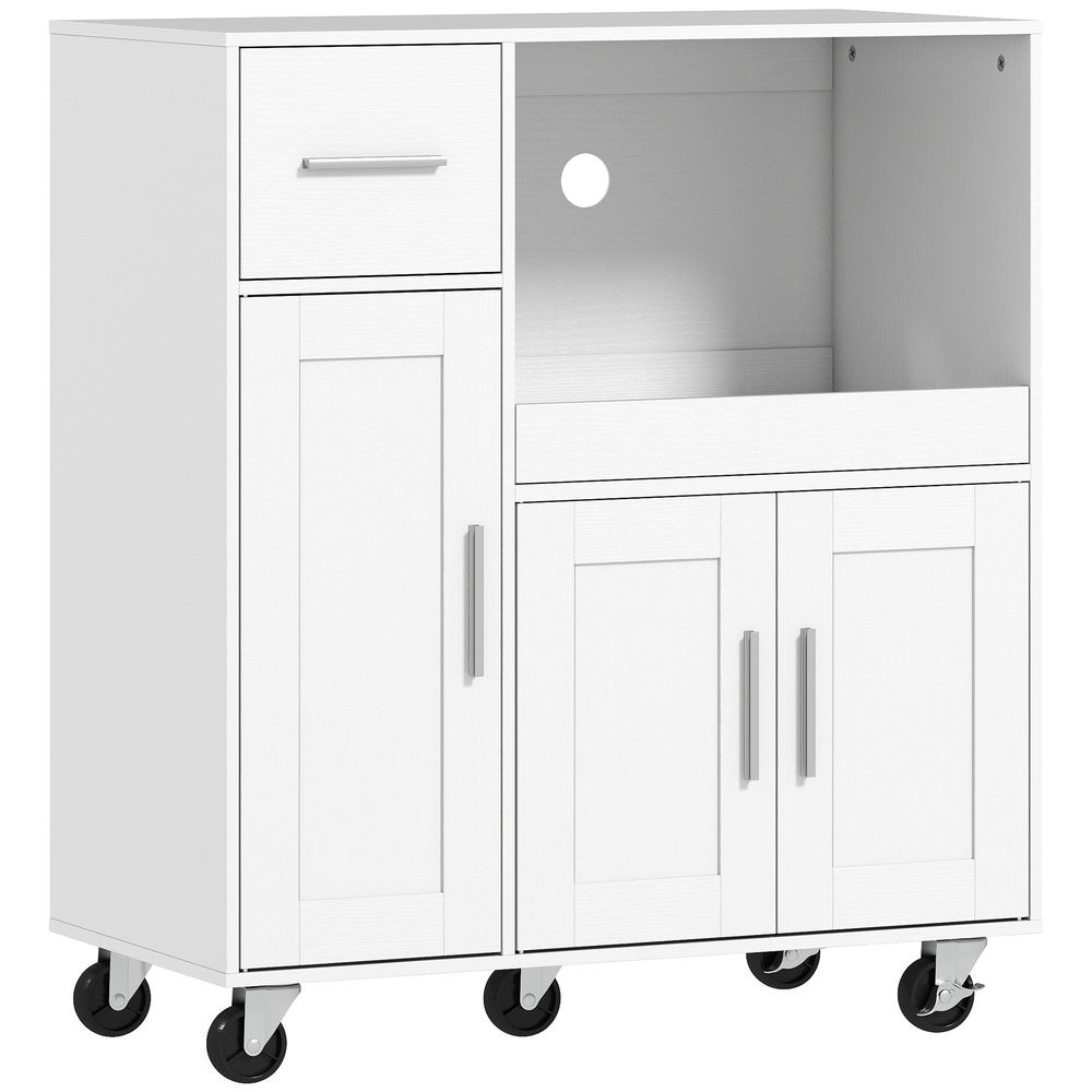 Homcom móvel auxiliar de cozinha com rodas aparador de cozinha para microondas com bandeja deslizante gaveta 3 portas prateleira ajustável e orifício para cabos para sala 80x40x88,7 cm branco