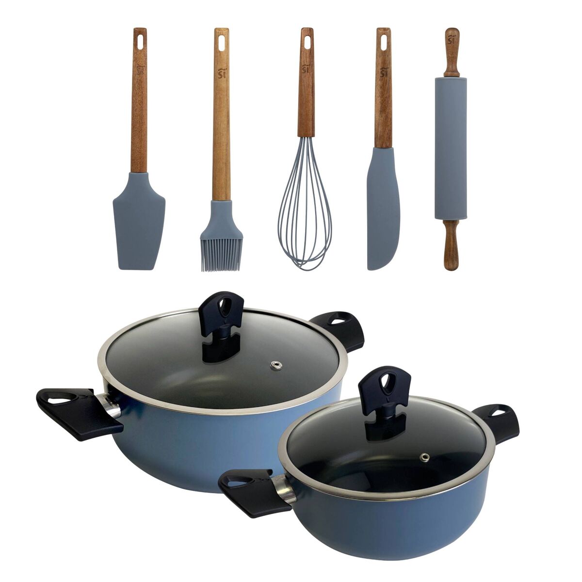 Conjunto de 2 panelas ø20ø24cm com tampas em alumínio prensado e 5 utensílios de silicone noia san ignacio