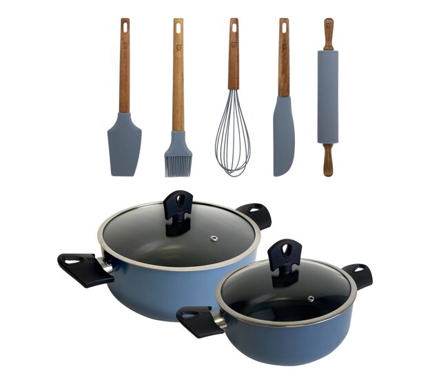 Conjunto de 2 panelas ø20ø24cm com tampas em alumínio prensado e 5 utensílios de silicone noia san ignacio