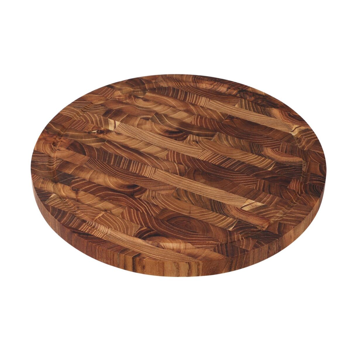 Tábua de corte redonda em madeira de teca com acabamento em grão.