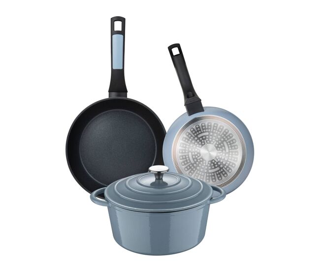 Conjunto de 2 frigideiras ø20ø26cm em alumínio prensado + panela com tampa ø25,5x12cm (5l) em ferro fundido, azul, noia san ignacio