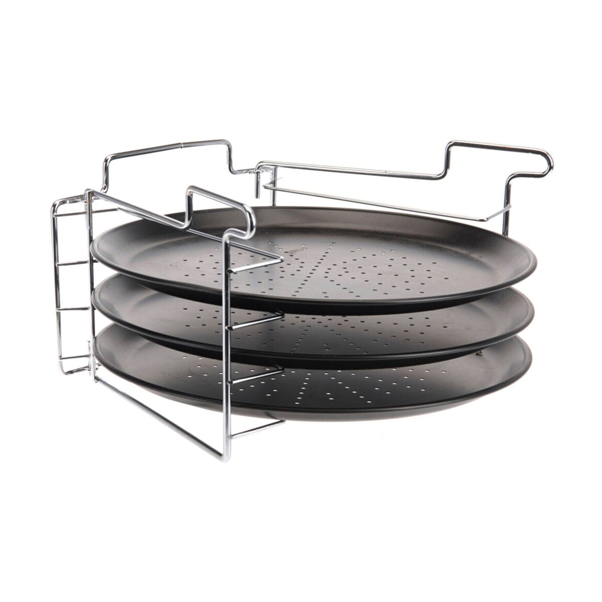 Conjunto para assar pizza com 4 peças, suporte e 3 assadeiras.