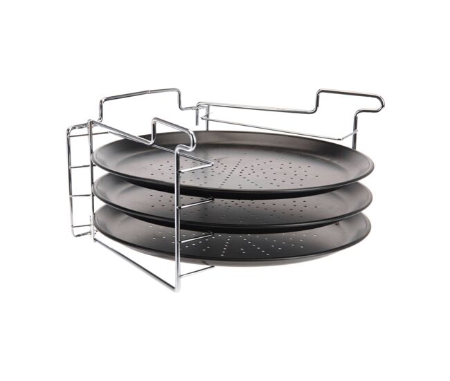 Conjunto para assar pizza com 4 peças, suporte e 3 assadeiras.