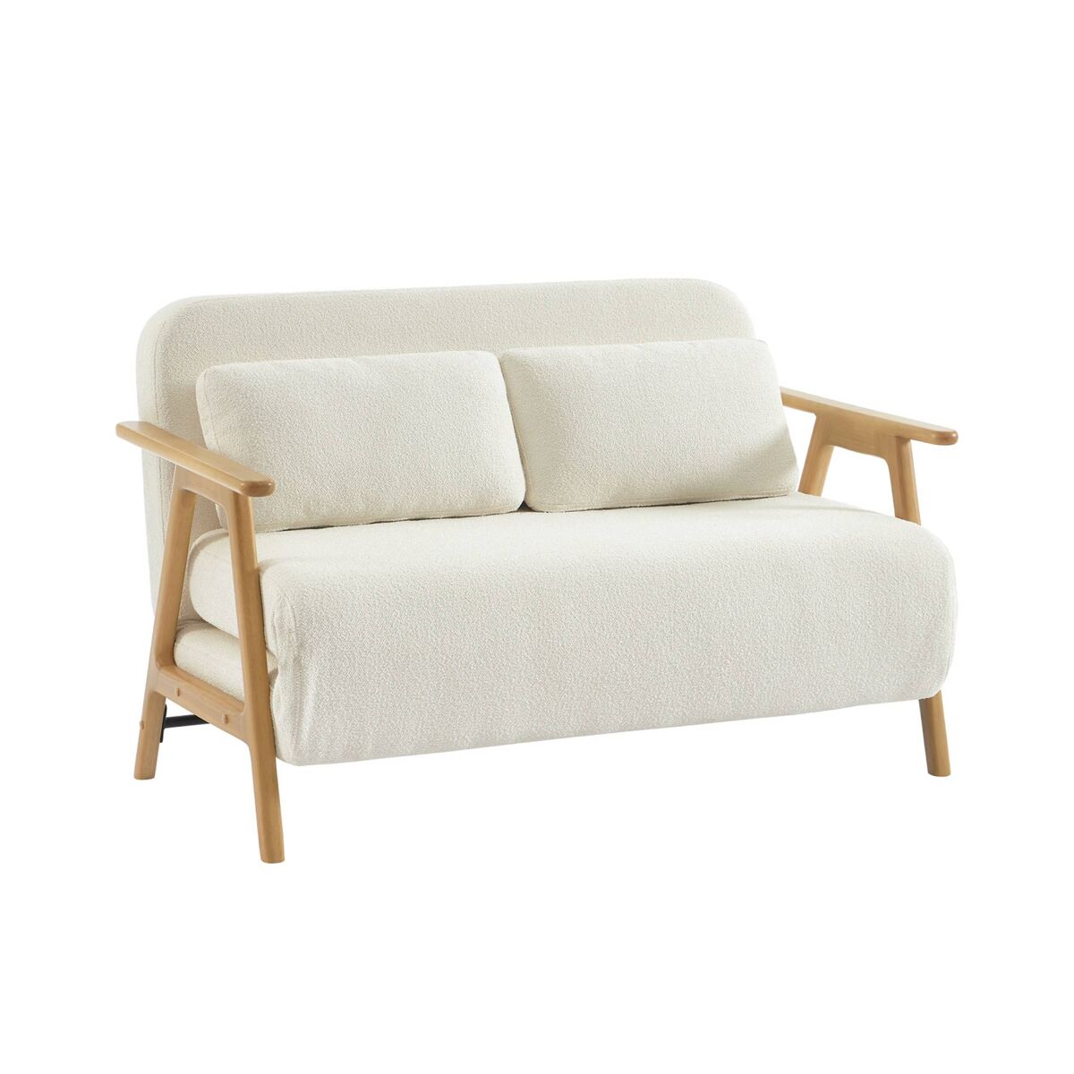 Sofá-cama em madeira e boucle texturizado de 2 lugares, sven, creme, 133x81x84 cm