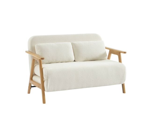 Sofá-cama em madeira e boucle texturizado de 2 lugares, sven, creme, 133x81x84 cm