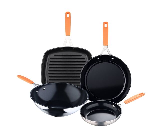 Conjunto compact san ignacio com 2 frigideiras ø16ø28cm + grelha quadrada 28x28cm + wok ø28cm em alumínio forjado para indução.