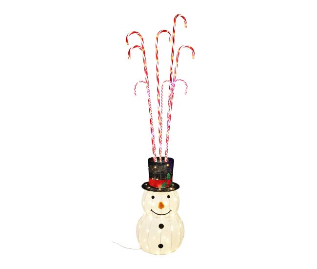 Boneco de neve com bengalas doces e luzes led quentes