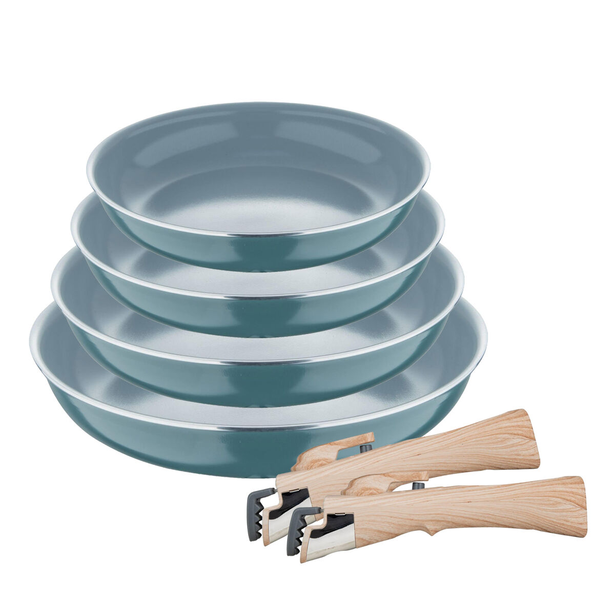 Conjunto de 4 frigideiras ø22ø24ø26ø28cm em alumínio prensado, verde + 2 cabos removíveis, click&cook bergner