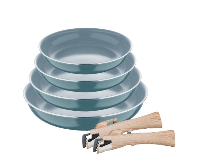 Conjunto de 4 frigideiras ø22ø24ø26ø28cm em alumínio prensado, verde + 2 cabos removíveis, click&cook bergner