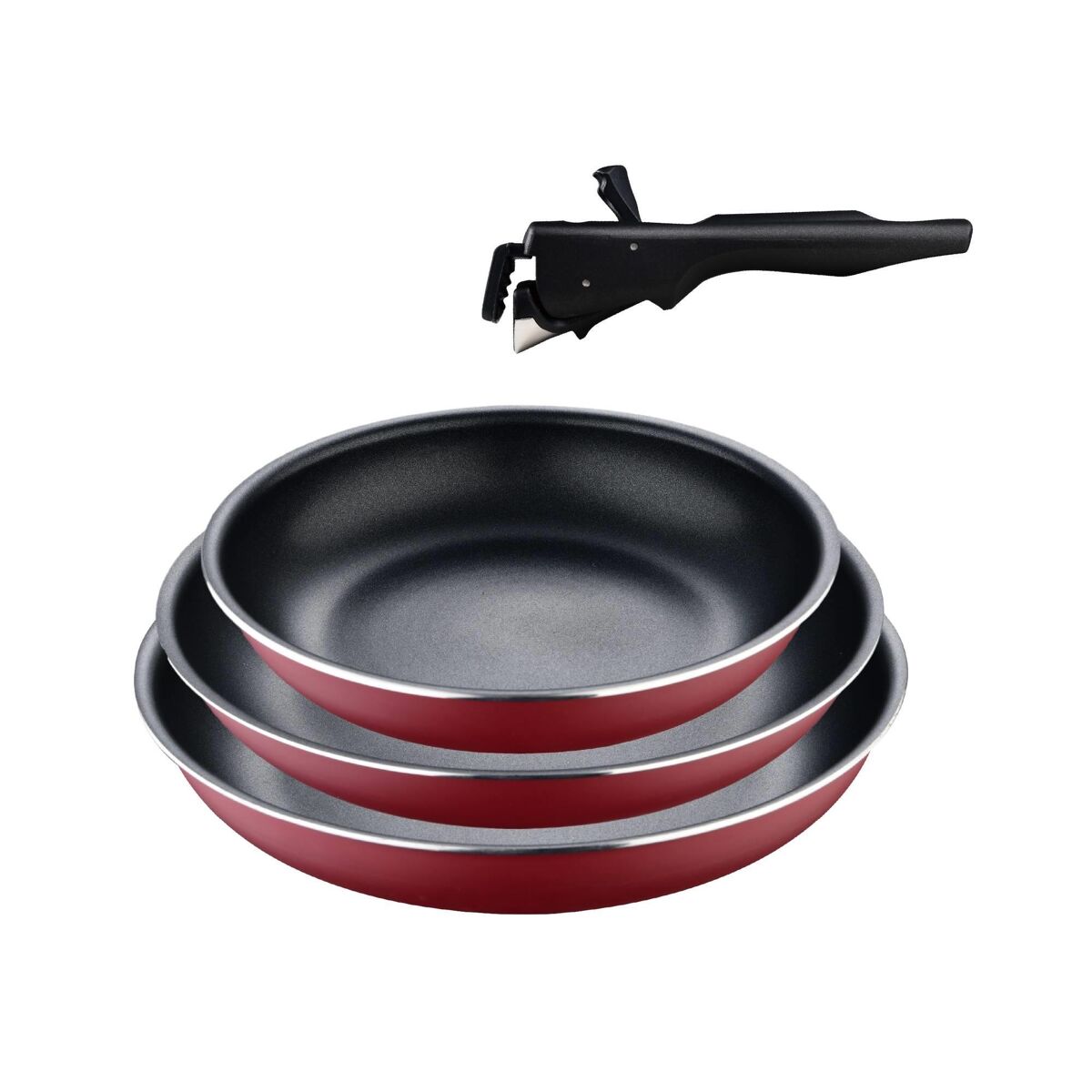 Conjunto de 3 frigideiras bergner click&cook ø18ø20ø24cm em alumínio prensado rouge + cabo removível