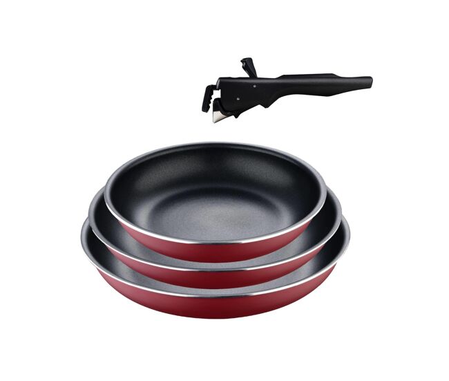 Conjunto de 3 frigideiras bergner click&cook ø18ø20ø24cm em alumínio prensado rouge + cabo removível