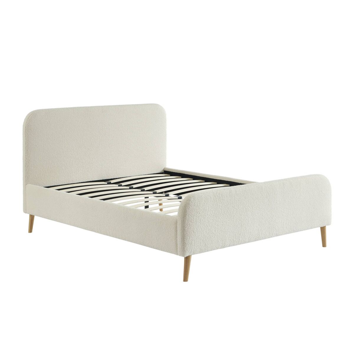 Cama com estrado e cabeceira estofada boucle, 140cm, finn, creme, 204x149x102 cm