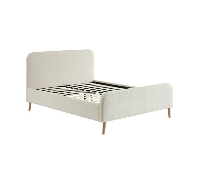 Cama com estrado e cabeceira estofada boucle, 140cm, finn, creme, 204x149x102 cm