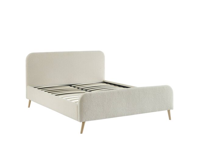 Cama com sommier e cabeceira acolchoada em boucle, 160cm, finn, creme, 214x169x102 cm