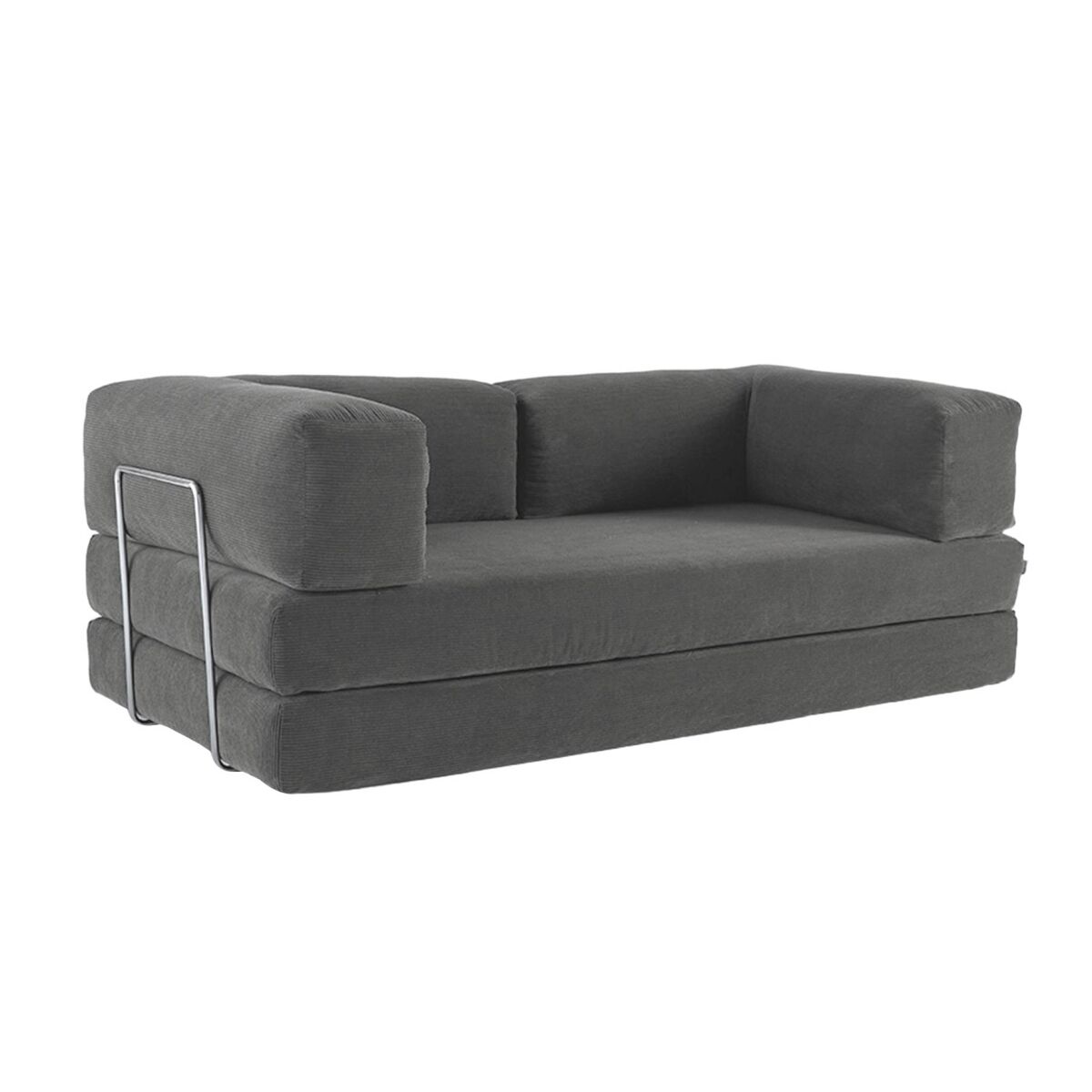 Sofá cama futon conversível em veludo canelado e estrutura cromada, 3 lugares, seventies, gris, 200x100x72 cm