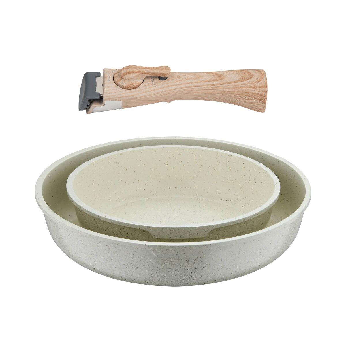 Conjunto de 2 frigideiras bergner click&cook, ø22ø26cm, em alumínio fundido branco com cabo removível.