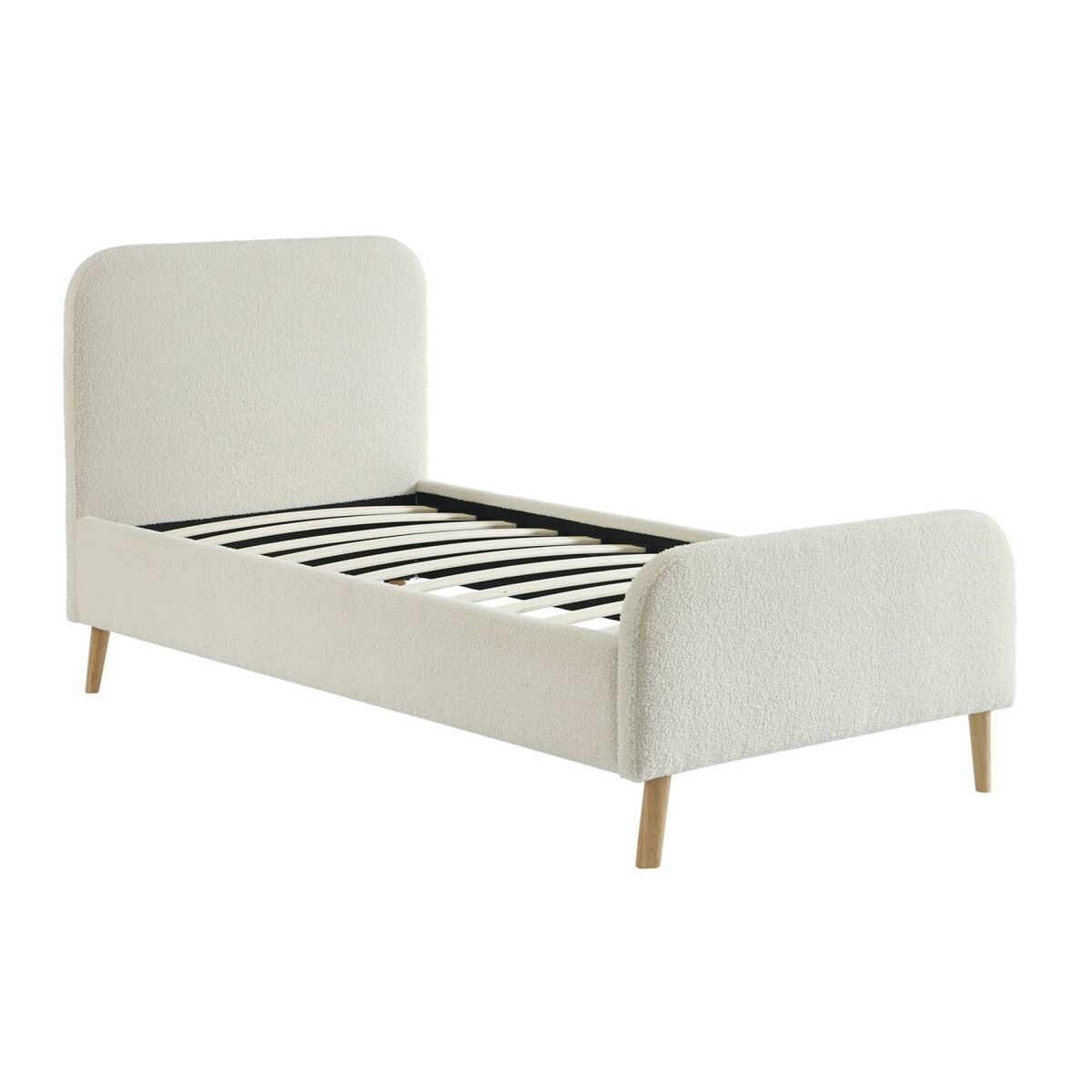 Cama com estrado e cabeceira estofada boucle, 90cm, finn, creme, 204x99x102 cm