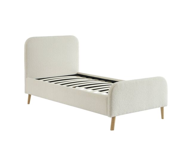 Cama com estrado e cabeceira estofada boucle, 90cm, finn, creme, 204x99x102 cm