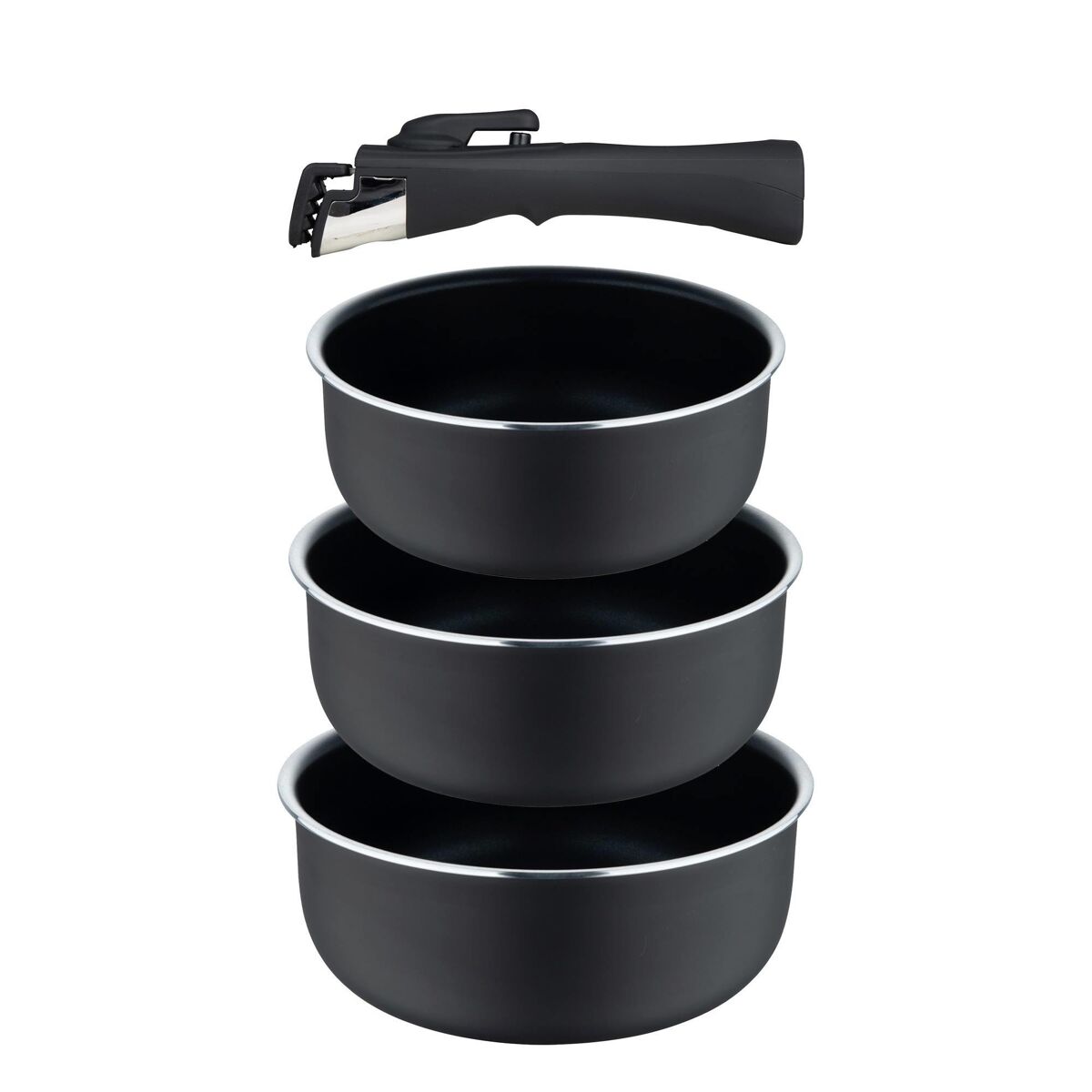 Conjunto de 3 panelas bergner click&cook ø16ø18ø20cm em alumínio prensado com indicador de temperatura + cabo removível, cor preta