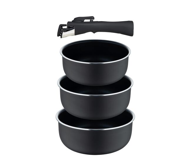 Conjunto de 3 panelas bergner click&cook ø16ø18ø20cm em alumínio prensado com indicador de temperatura + cabo removível, cor preta