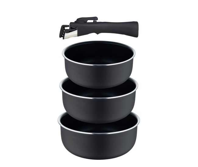 Conjunto de 3 panelas bergner click&cook ø16ø18ø20cm em alumínio prensado preto com indicador de temperatura + cabo removível