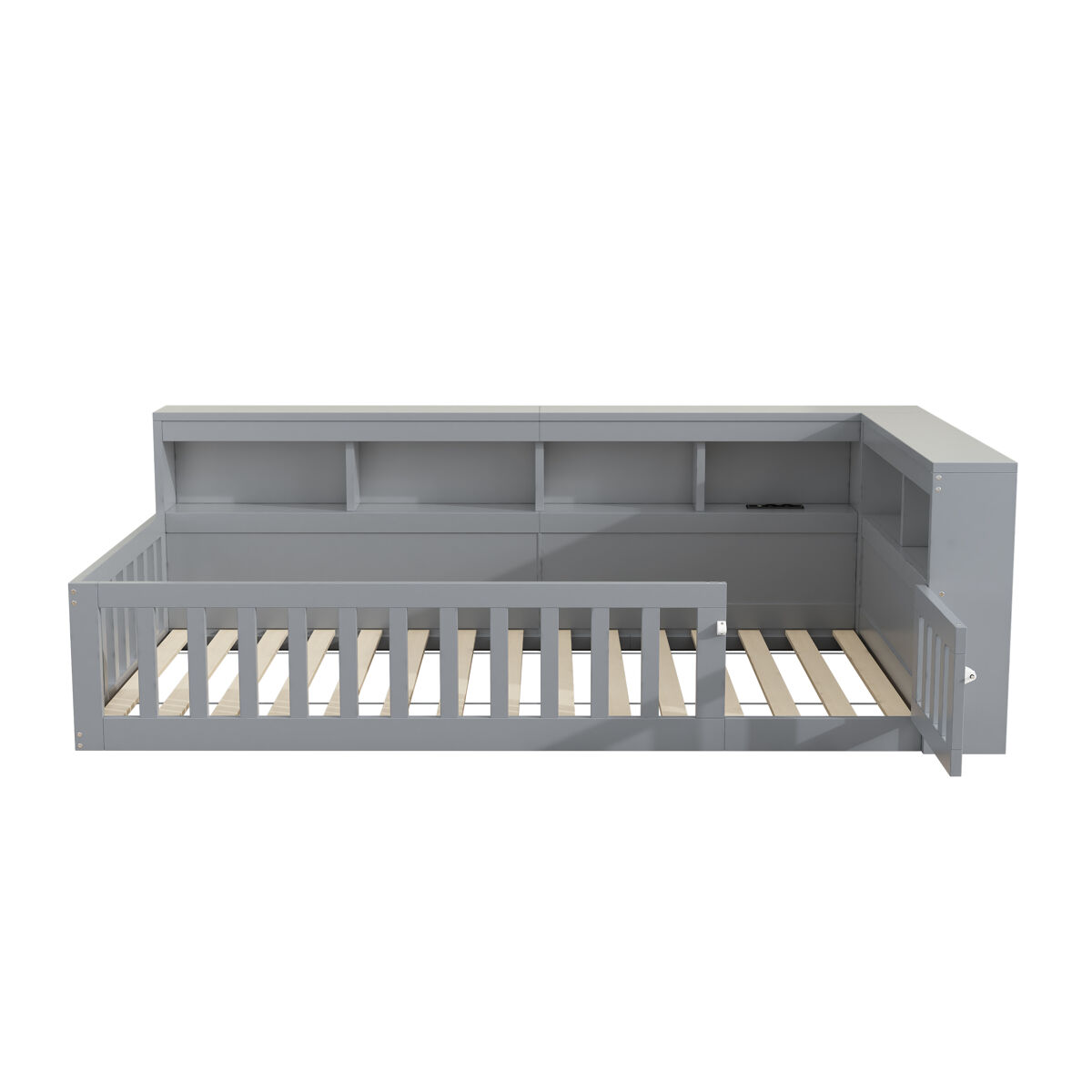 Cama 90x200cm - cama de dia, sofá-cama, lado com arrumação, com estrado (sem colchão), com tomada e usb - cinza
