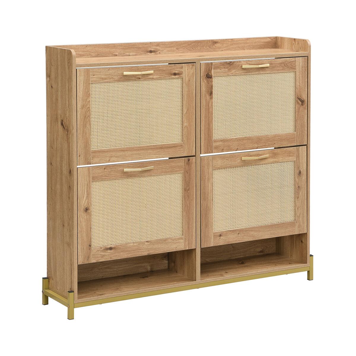 Sapateira grande em madeira tom carvalho com portas basculantes de rattan natural, estilo nórdico, com grande capacidade de armazenamento e design