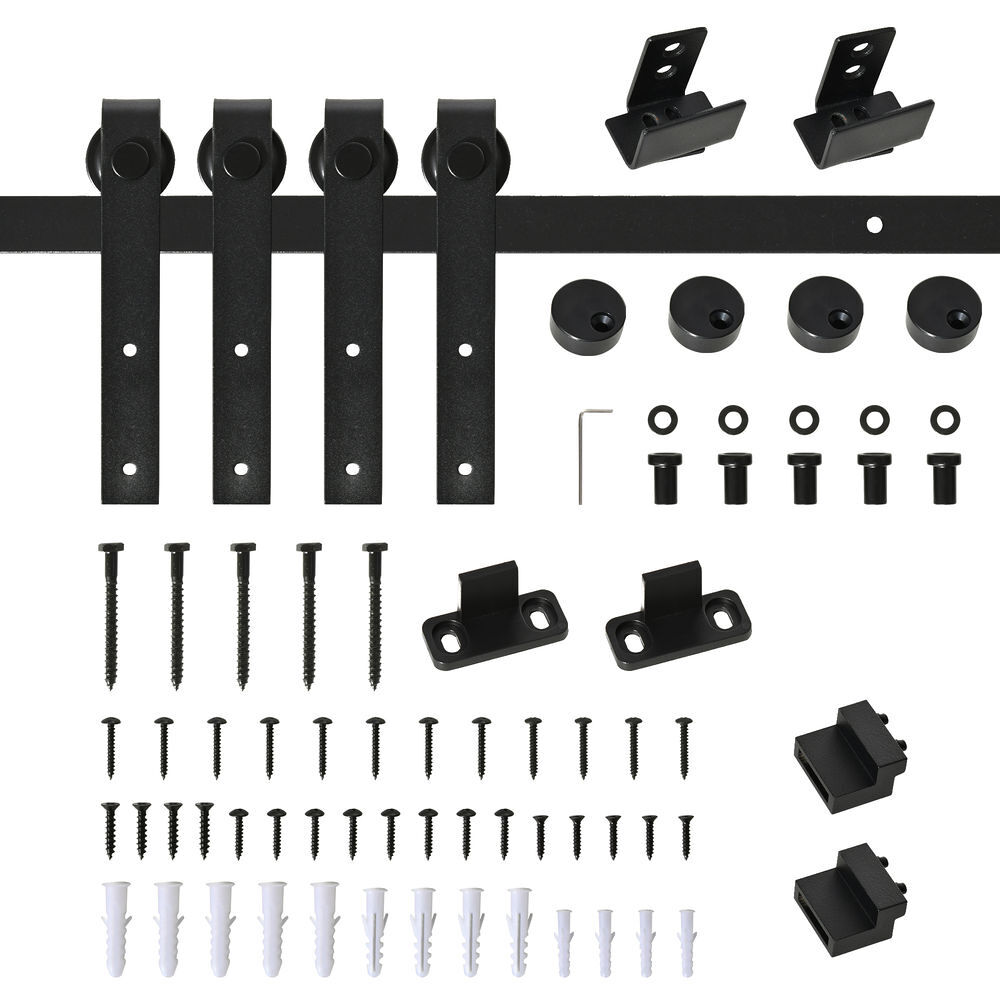 Homcom ferragens para portas de correr 183 cm kit para porta de correr dupla em madeira largura 45 cm aço carbono preto