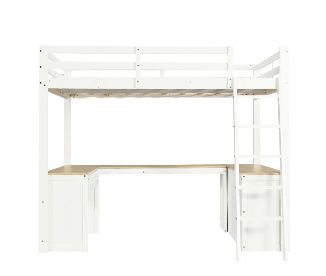 Cama loft 140x200 cm - mesa em u com duas gavetas e prateleira - branco+natural