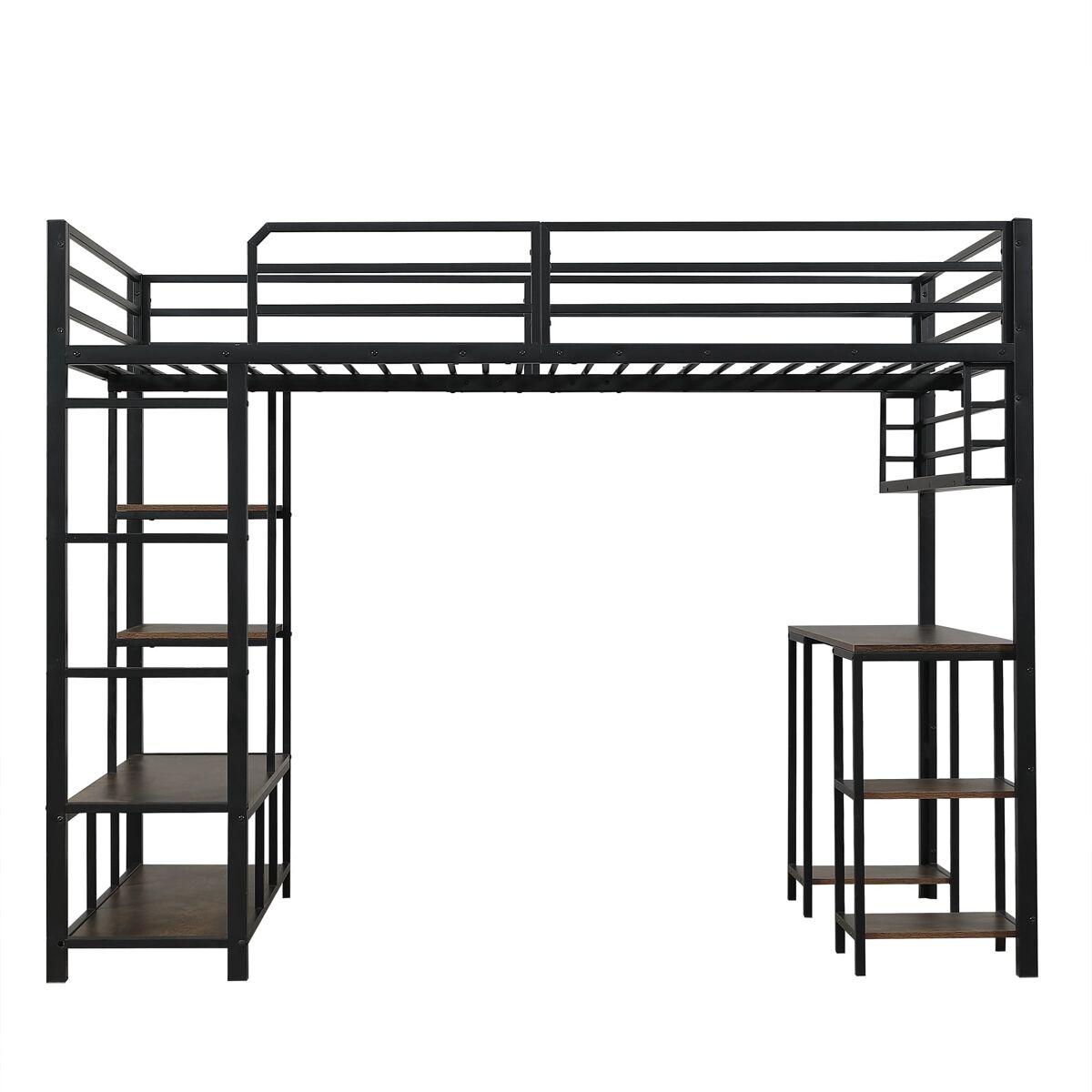 Cama loft 120x200 cm - com secretária e arrumação, 4 degraus, ferro + madeira, preto + nogueira escura