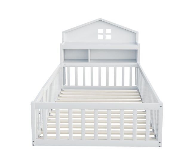 Cama infantil 90x200 - estrutura em madeira maciça, grade, com prateleiras e espaço de arrumação, com grelha e porta, branca