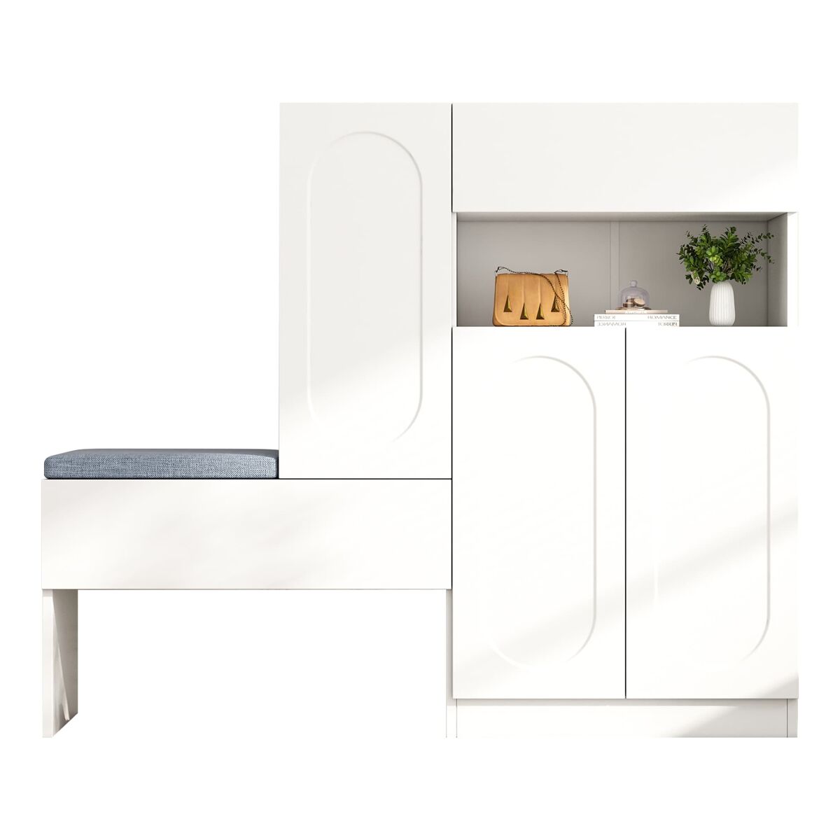Sapateira 130x35x110 cm - 2 em 1 com portas curvas, soft-close, prateleiras ajustáveis, assento almofadado - branco