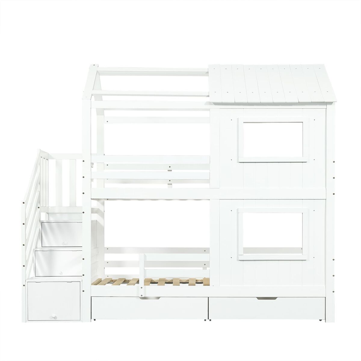 Beliche infantil 90x200 cm - com armário com escada, prateleiras, gaveta com rodas, janelas e teto - branco