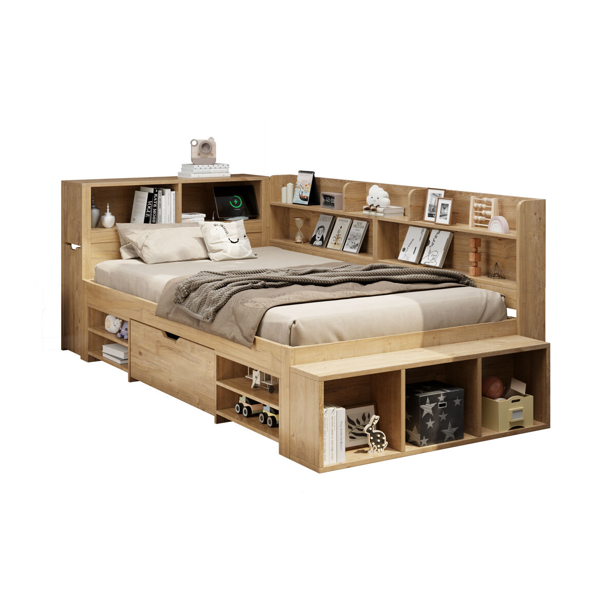 Cama infantil 90x200 cm - cama com arrumação, multifuncional, com carregamento sem fios - natural