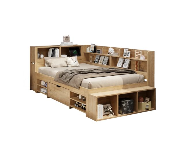 Cama infantil 90x200 cm - cama com arrumação, multifuncional, com carregamento sem fios - natural