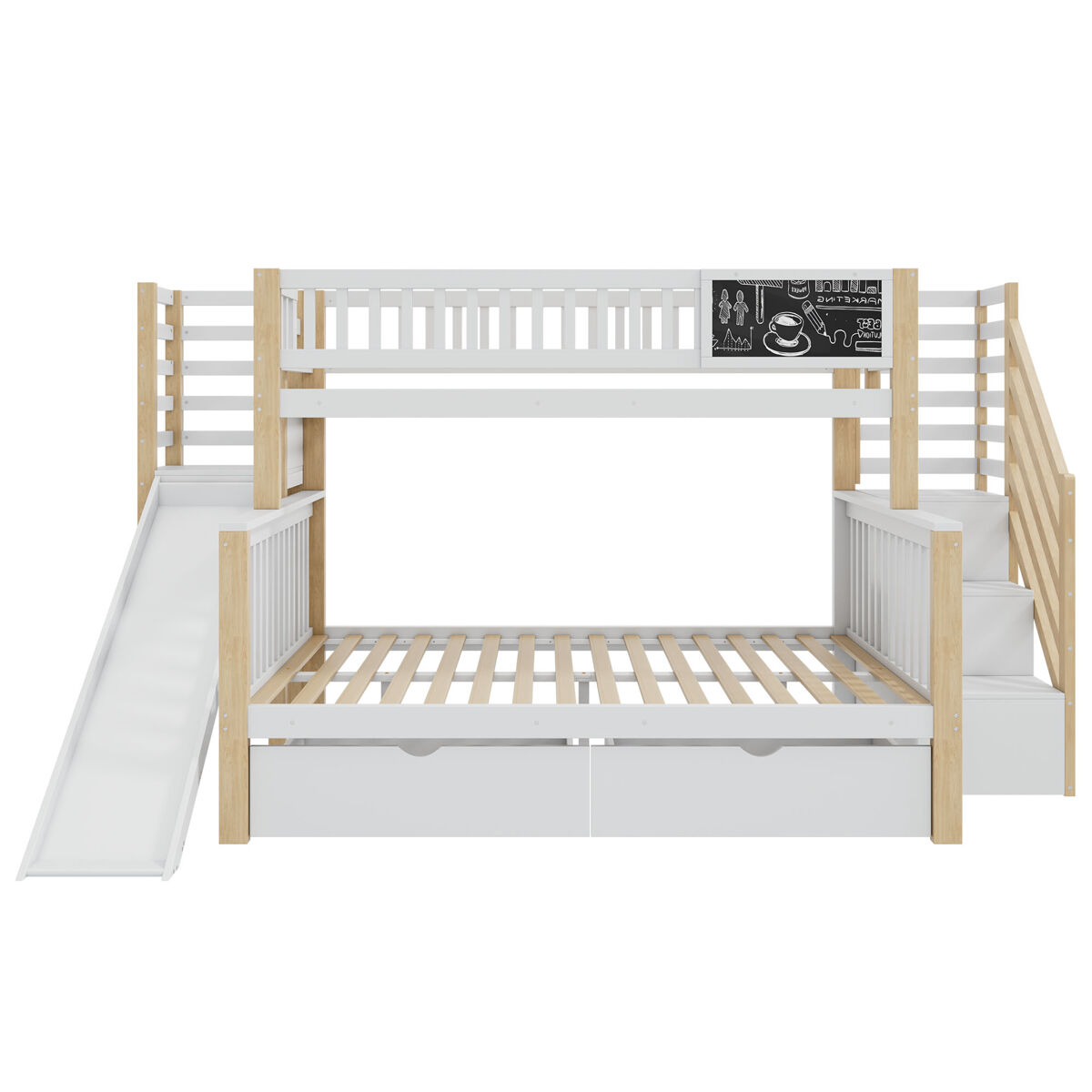 Cama casa 140x200cm e 90x200cm - com escada, armários, escorregador e quadro negro - branco e natural