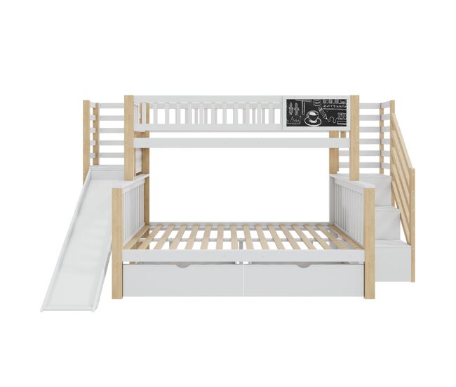 Cama casa 140x200cm e 90x200cm - com escada, armários, escorregador e quadro negro - branco e natural