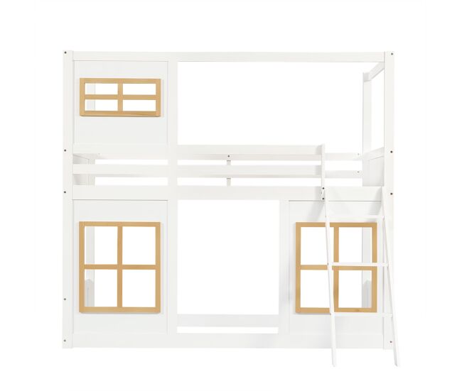 Beliche infantil 90x200 cm - com janelas, escada estável, cerca em 4 lados - branco+natural