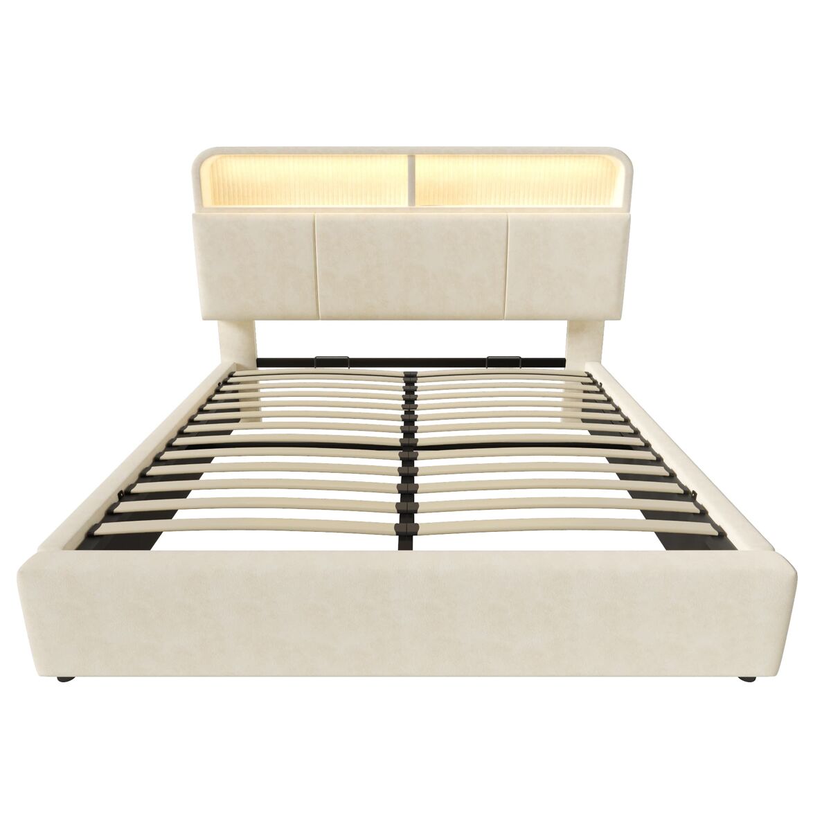 Cama estofada 140x200 cm - cabeceira com arrumação ajustável, led, usb, hidráulica - bege