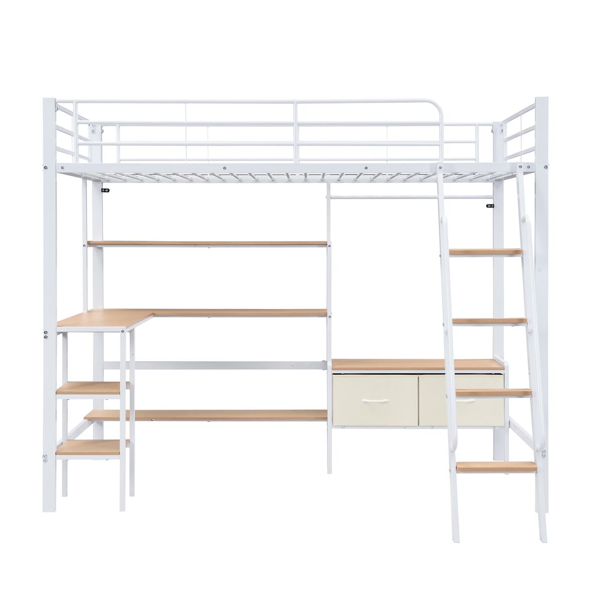 Cama loft 90x200cm - inclui 2 caixas de arrumação, secretária, prateleira, escada inclinada - branco+natural