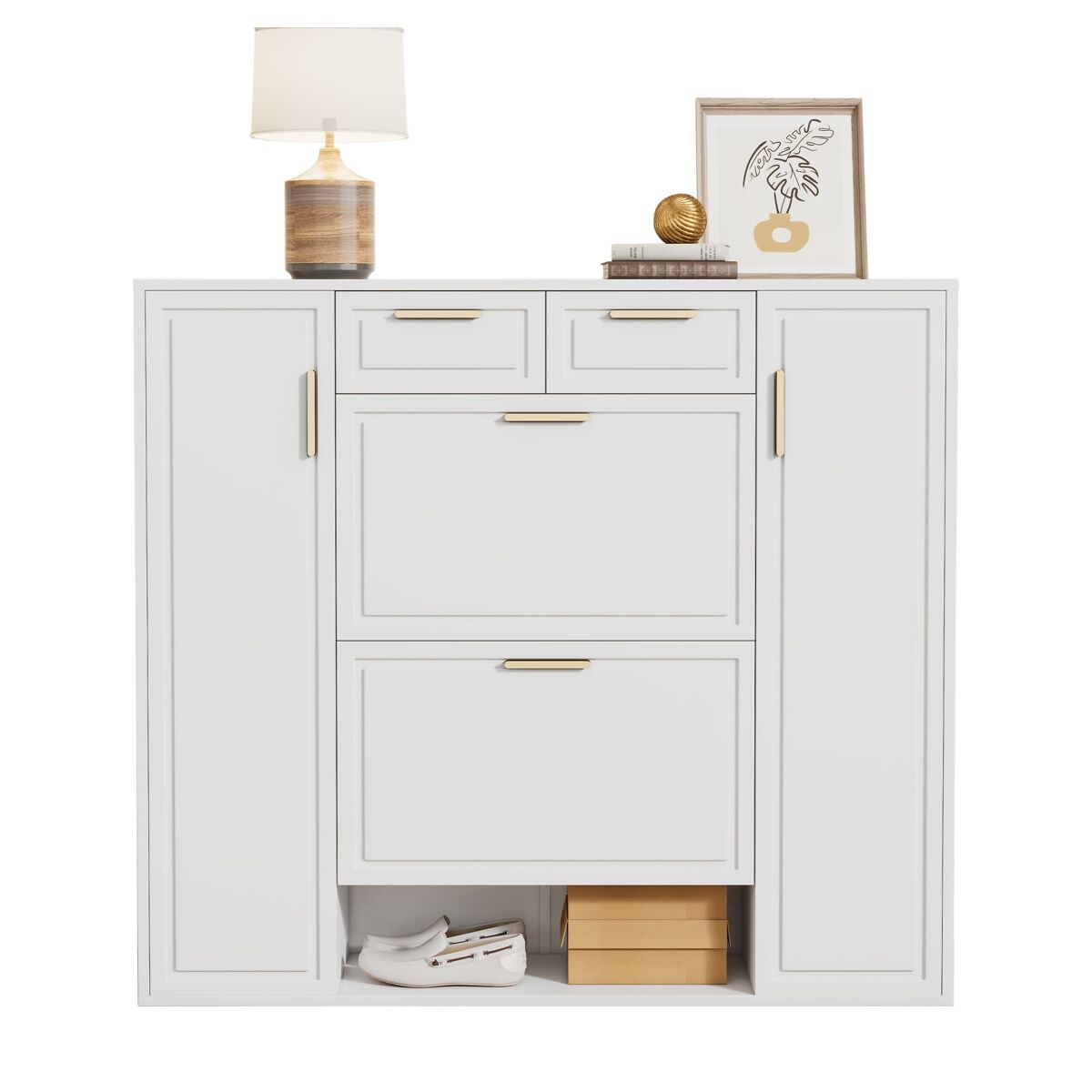 Sapateira moderna 120x24x107 cm - prateleiras ajustáveis, 2 gavetas, portas e puxadores dourados - branco