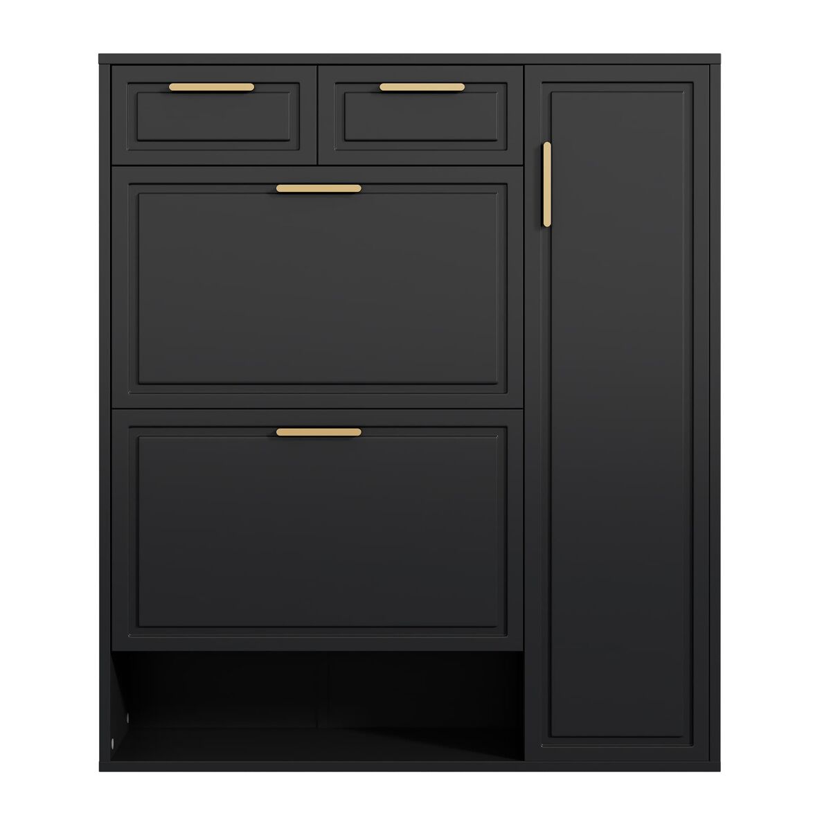 Sapateira moderna 95x24x107 cm - com prateleiras ajustáveis, puxadores dourados, gavetas e portas - preto
