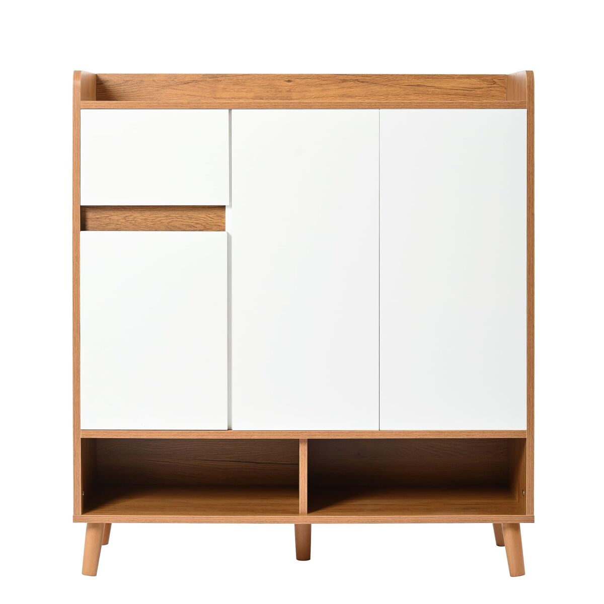 Sapateira com prateleiras ajustáveis - organizador minimalista com pés em madeira maciça - 99x90x35 cm - branco + natural