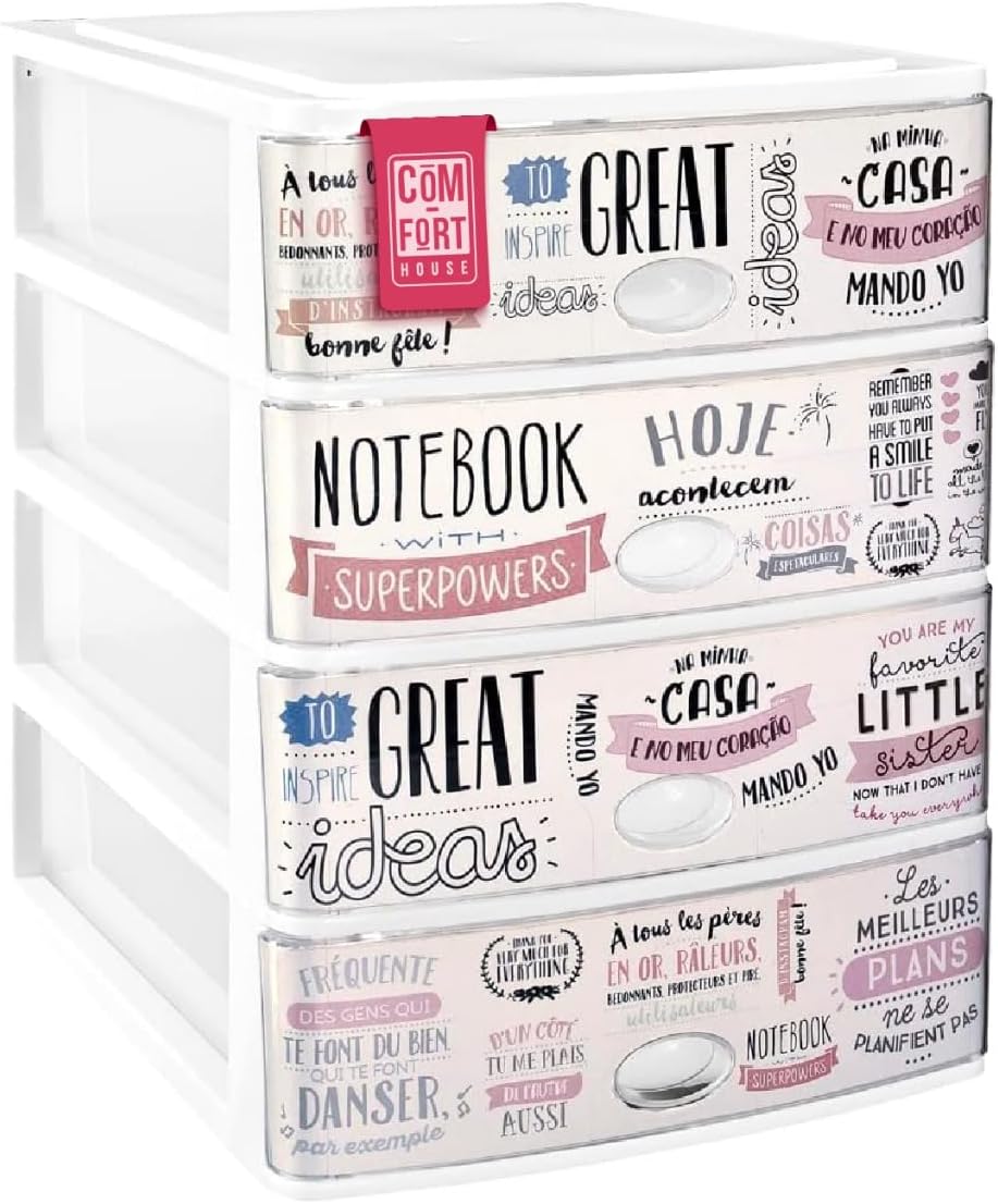 Gaveteiro Empilhável de Plástico | Modelo Textos | 4 Gavetas