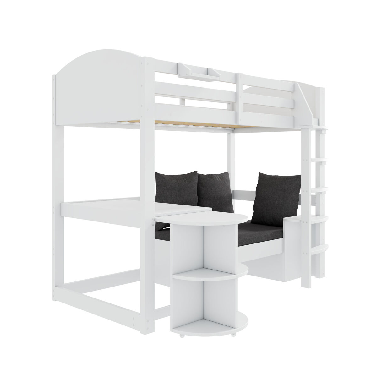 Cama alta infantil 90x200 - multifuncional com escada, mesa removível, sofá com arrumação, prateleiras, almofadas - branca