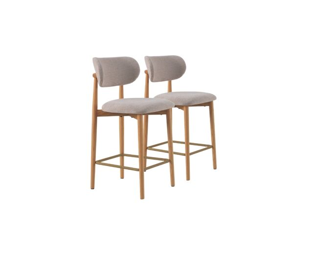 Pacote de 2 banquetas com encosto de madeira de carvalho natural estofadas em beige