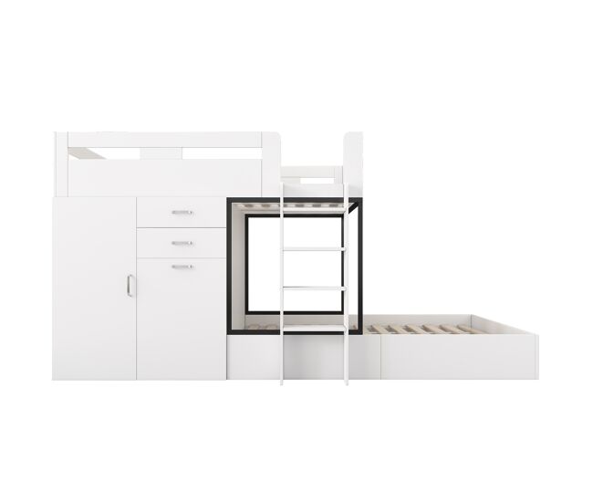Beliche 90x200 - com secretária extraível, armário, prateleiras, escada - branco+preto